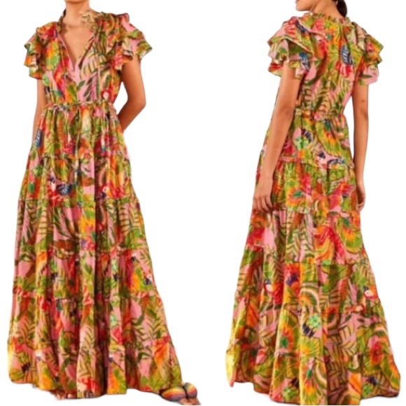 FARM Rio Dresses & Skirts - Farm Rio Macaw Leaves Print Flutter Sleeve Tiered Cotton Maxi Dress Women’s SZ M
